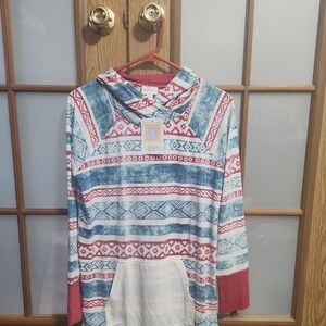 LuLaRoe Amber Geometric Print Top in Red and Blue Lightweight Hoodie Medium